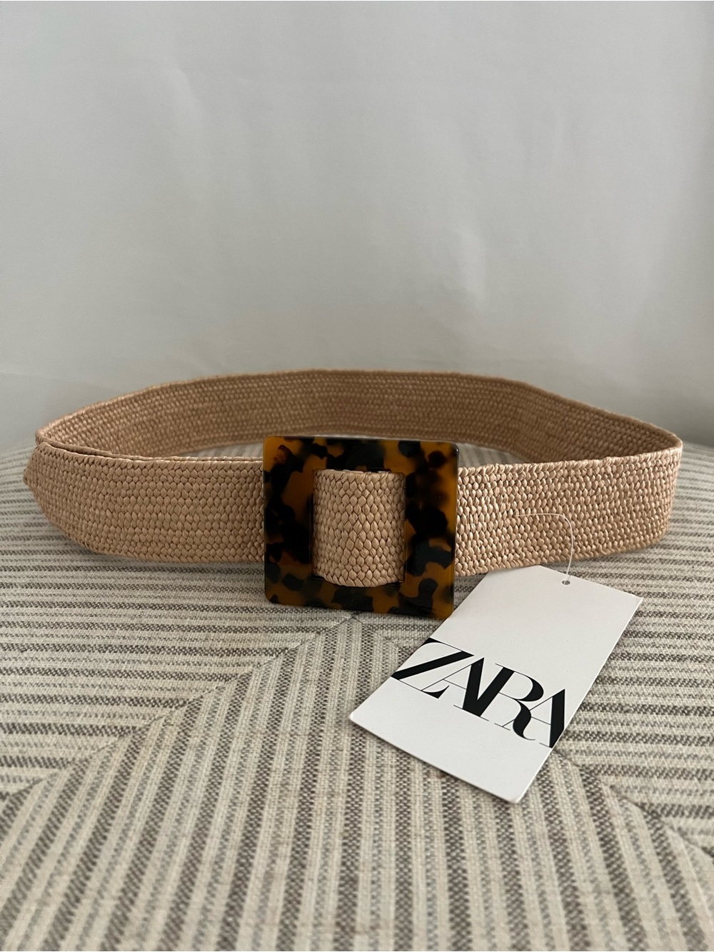NWT ZARA Tortoiseshell Buckle Elastic Woven Belt Beige 30